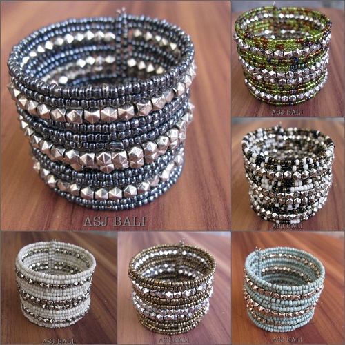 cuff beads bracelets long with silver beads